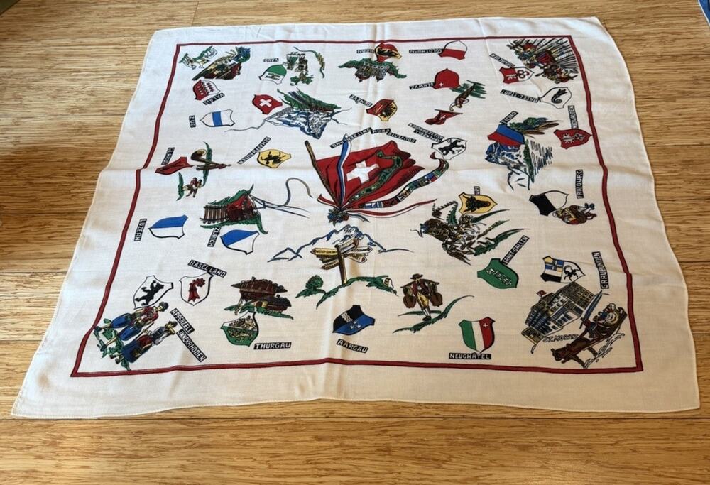 Vintage Switzerland Souvenir Scarf Swiss Cities Flag 27 X 29”